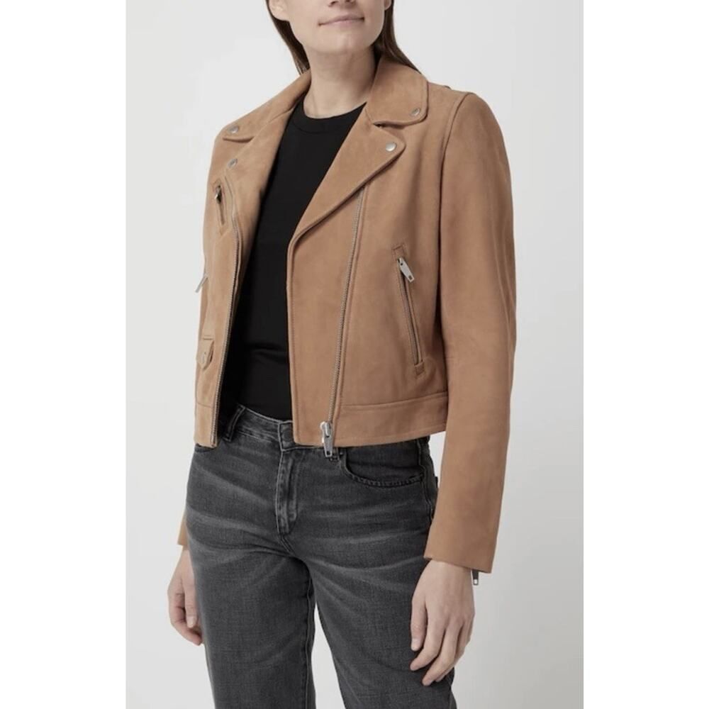The Kooples Camel Suede Lamb Leather Biker Jacket XS Cropped Moto